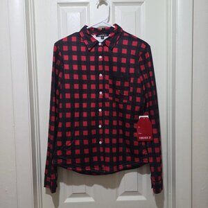 NWT Forever 21 Women’s M Red Black Buffalo Plaid Sherpa Lined Button-Up Shacket